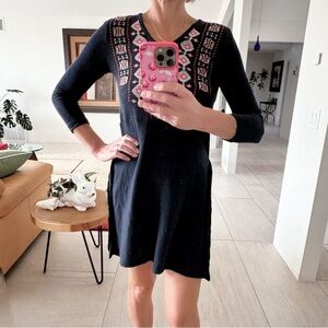 Anthro Akemi + Kin Tunic Savin Embroidered Side Slit Blue Small Knit Sweater XS